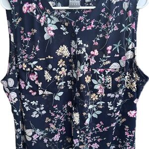 Soho Jeans Floral Sleeveless Blouse XL Navy Lightweight Button Front Top Pockets
